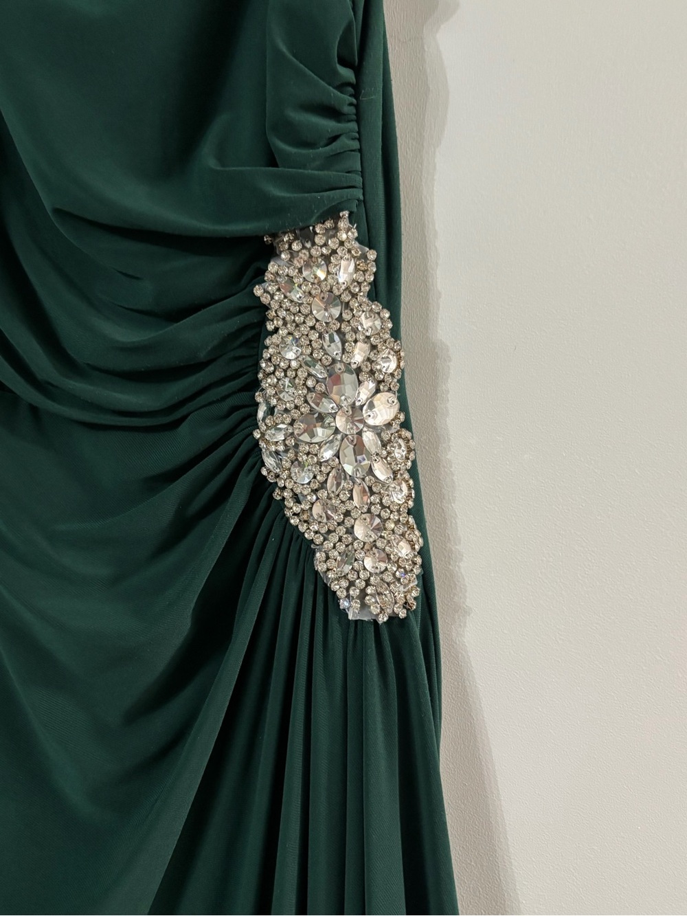 Betsy & Adam Emerald Green Ruched Evening Dress with Crystal Applique